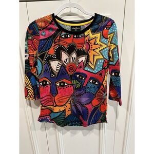 Laurel Burch Cats Shirt Bold Abstract Artsy Statement Funky Unique Loud Colorful